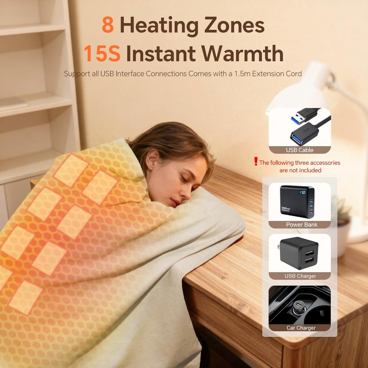 USB Wearable Electric Heated Blanket Thermal Shawl Wraps for Women 3 Levels Heat Control 8 Heating Areas Foldable and portable Warm Winter Scarf