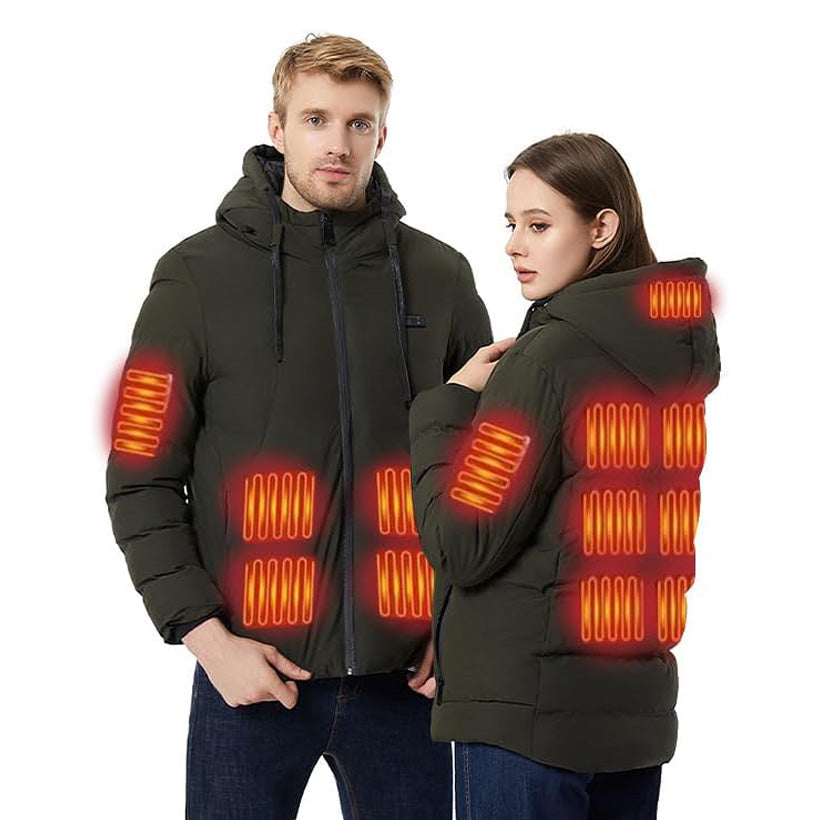 Thermal Hooded Heated Coat for Men Women, Dual Control 11 Heating Areas, USB Charging Electric Body Warmer Hoodie Jacket for Winter Outdoor Working Sports