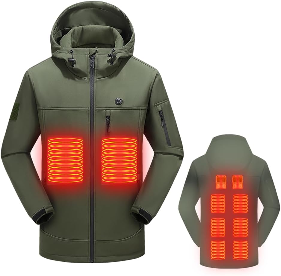 Softshell Hooded Heated Jacket for Men Women 10 Heated Areas 3 Gear Temperature USB Electric Warming Long Sleeve Windproof Coat For Extreme Cold Weather