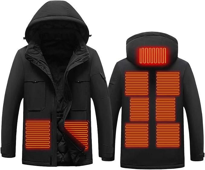 Heated Hooded Coat for Men Women Dual Independent Switches 9 Heating Areas Control 3 Temperature Thermal Windbreaker Outerwear for Camping Skiing Hiking