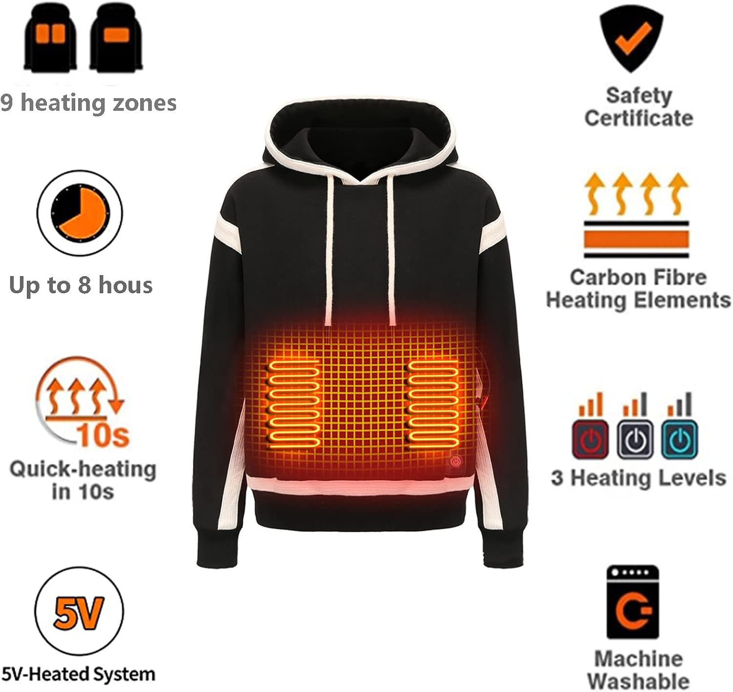 Smart Electric Heated Sweatshirt for Men Women, 9 Heating Zones USB Charging Three-Speed Temperature Long Sleeve Blouse Hoodies Thermal Tops