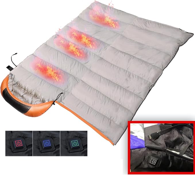 USB Electrical Heated Sleeping Bag 3 Heating Settings 4 Heat Zones Ultra Lightweight Thicken Down Cotton Camping Sleeping Bag for Backpacking