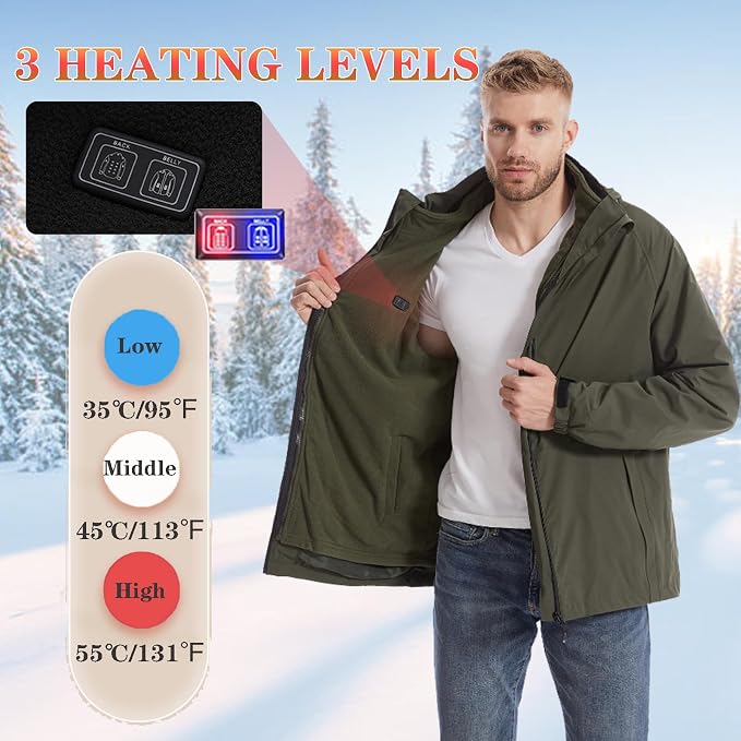 3-in-1 Heated Windbreaker for Men Women 15 Heating Zones 3 Levels of Temperature Adjustment USB Electric Windproof Thermal Jackets for Outdoor Skiing Hiking Camping