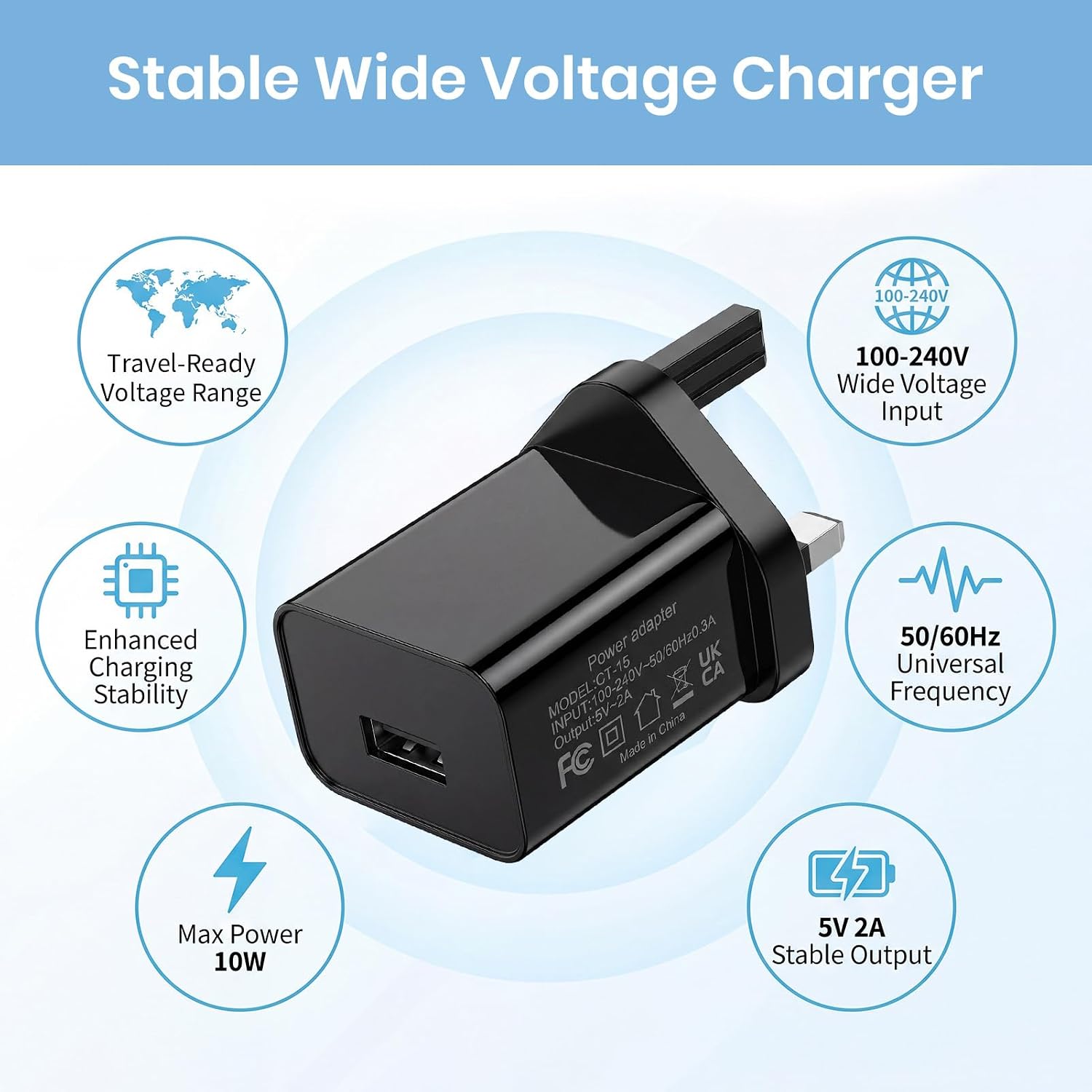 UK-Standard 5V2A USB Plug Adapter Single USB-A Port Charger Plug