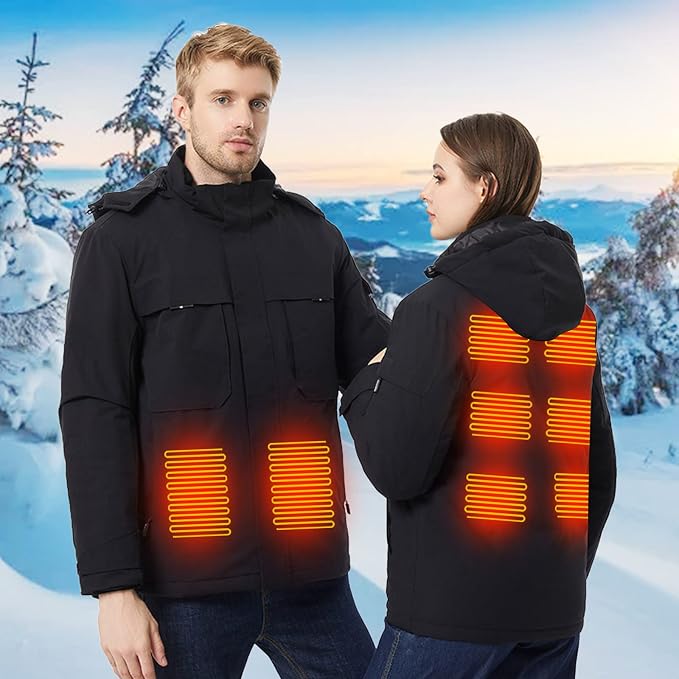 Heated Hooded Coat for Men Women Dual Independent Switches 9 Heating Areas Control 3 Temperature Thermal Windbreaker Outerwear for Camping Skiing Hiking