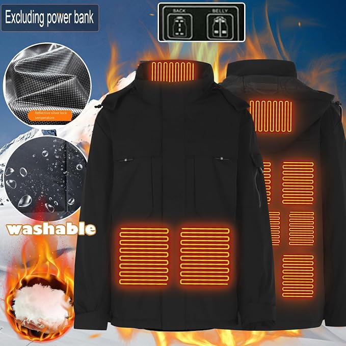 Heated Hooded Coat for Men Women Dual Independent Switches 9 Heating Areas Control 3 Temperature Thermal Windbreaker Outerwear for Camping Skiing Hiking