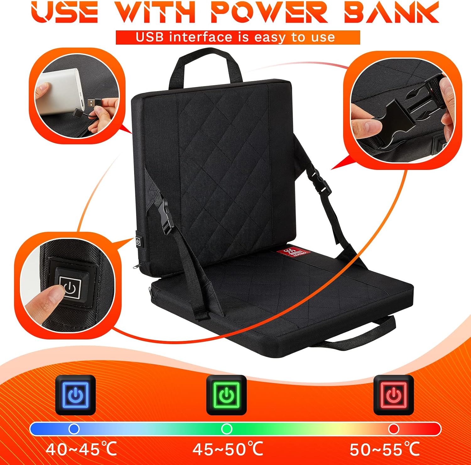 Portable Heated Seat Pad 3 Level Heating Folding Heated Outdoor Chair with Handle Adjustable Heated Stadium Seats