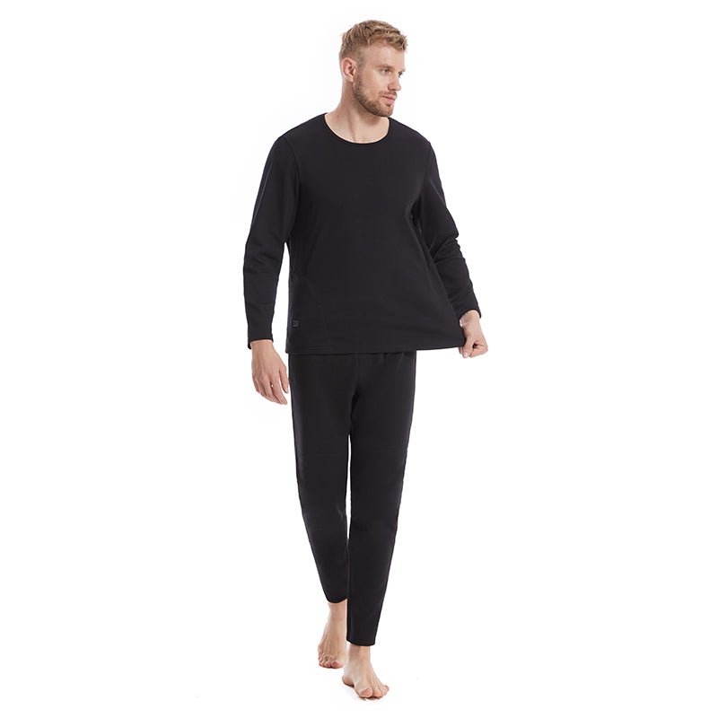 Black Heated Underwear Set for Men 6 Areas Carbon Fiber Heating Temperature USB Electric Thermal Heated Long Sleeve T-Shirts & Pants