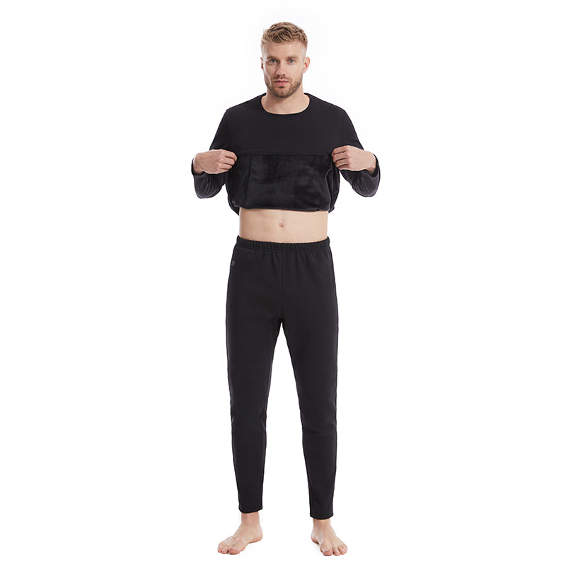 Black Heated Underwear Set for Men 6 Areas Carbon Fiber Heating Temperature USB Electric Thermal Heated Long Sleeve T-Shirts & Pants
