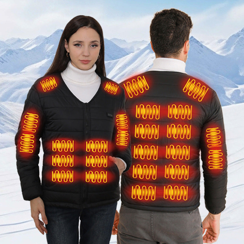 Unisex Cotton Heated Jacket, 24-Zone Dual Control USB Charging Long Sleeve V-Neck Zipper Closure Winter Coat Functional Thermal Parka for Men Women
