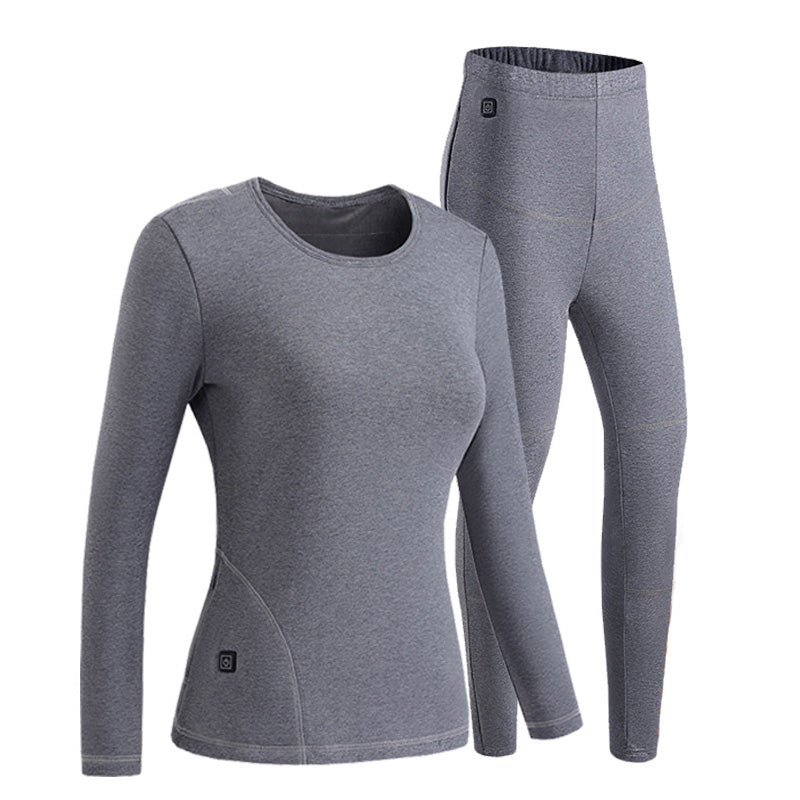 Gray Women's Electric Heated Underwear Set, Intelligent Heating Cold Winter Long Fleece USB Thermal Tops & Pants