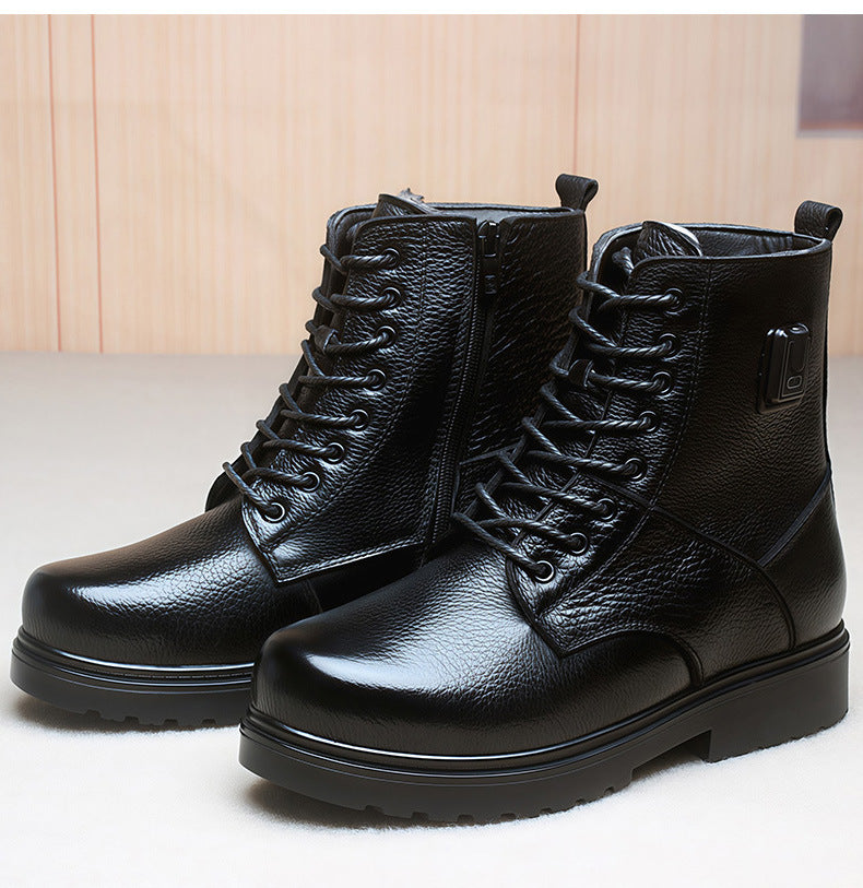 Black Genuine Leather Smart Heated Boots for Men Upgraded 20000mAh Battery 36℃-90℃ 5-level Temperature Adjustment -Skiing Hunting Non-Slip Water Proof Electric Heating Shoes