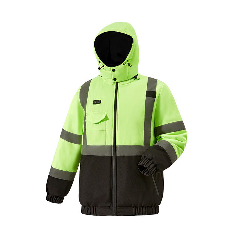 Unisex Hi Vis Hooded Heating Coat, High Visibility Heated Jacket, 29 Heating Zones Heated Body Warmer Windproof Waterproof Reflective Workwear USB Electric Heat Outerwear Winter Thermal Jackets for Work