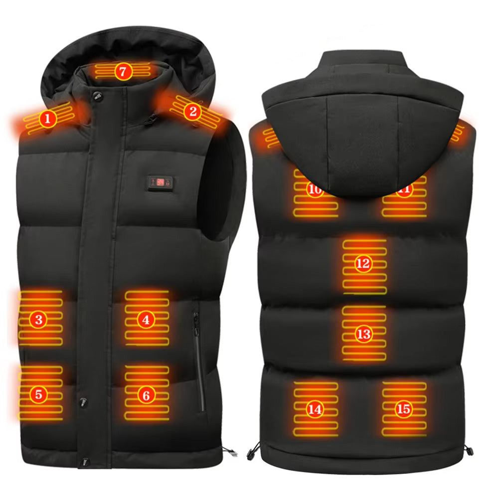 Unisex Heated Hooded Vest for Men Women, 3 Heating Levels 15 Heating Zones Temperature Display Zipper Closure USB Charging Fleece Lined Winter Thermal Waistcoat for Outdoor