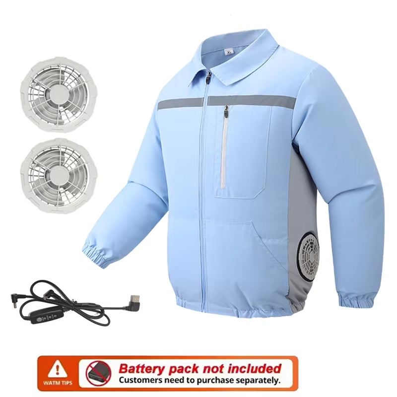Unisex Safety High-Visibility Air-Conditioned Jacket Stand Collar Long Sleeve with 2 Fans