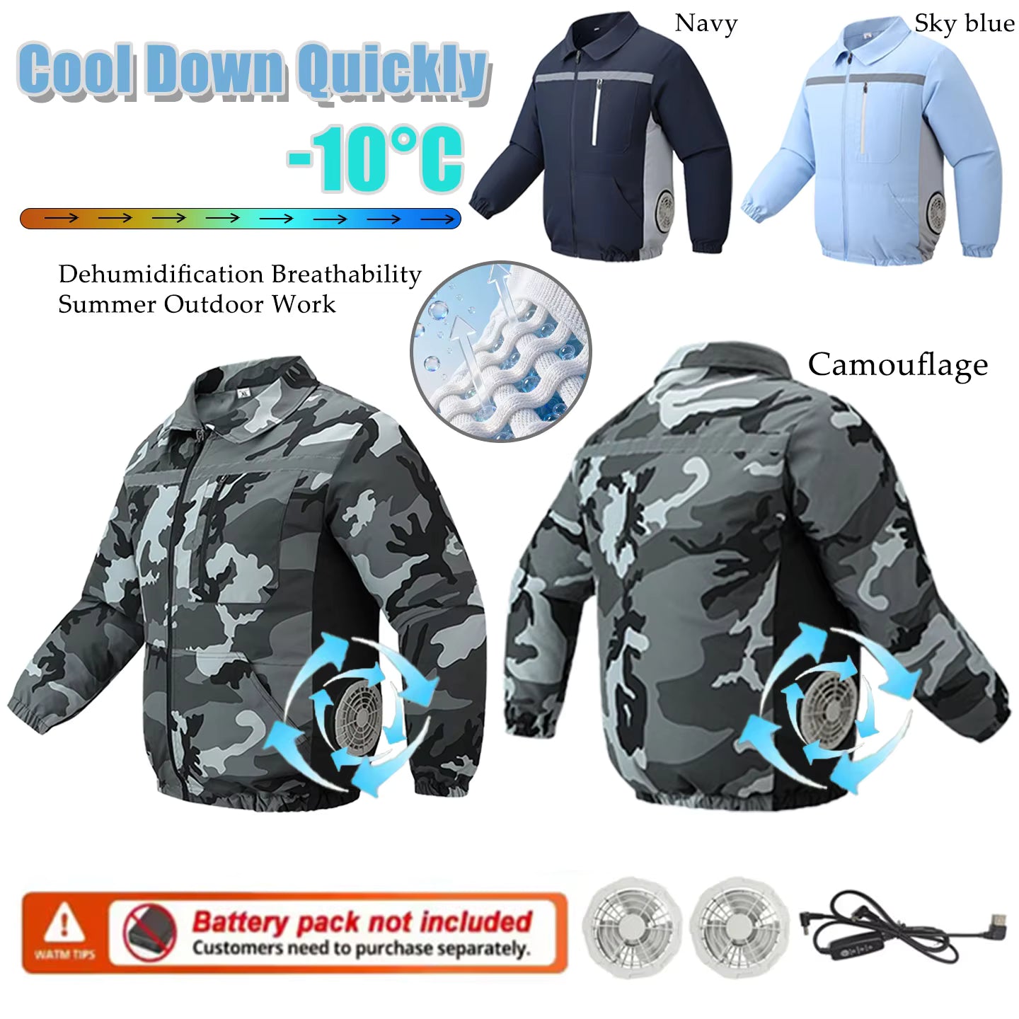 Unisex Safety High-Visibility Air-Conditioned Jacket Stand Collar Long Sleeve with 2 Fans