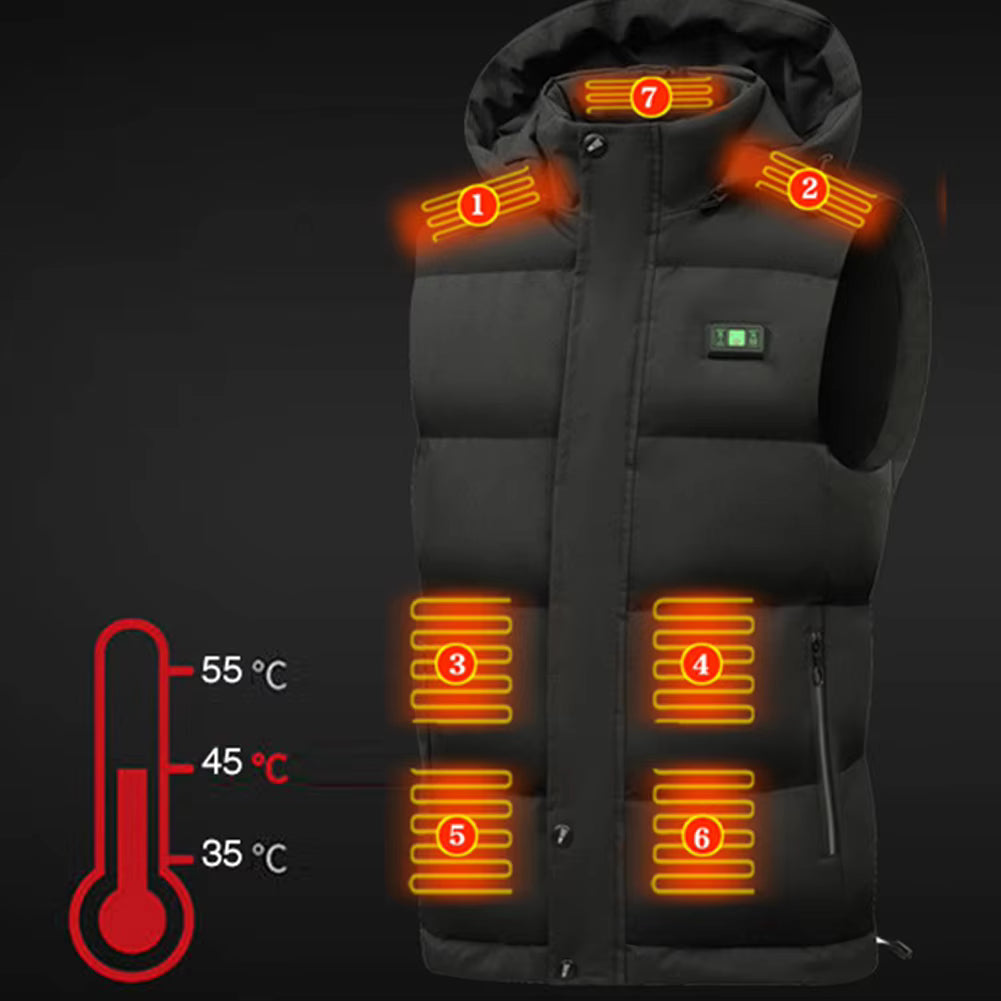 Unisex Heated Hooded Vest for Men Women, 3 Heating Levels 15 Heating Zones Temperature Display Zipper Closure USB Charging Fleece Lined Winter Thermal Waistcoat for Outdoor
