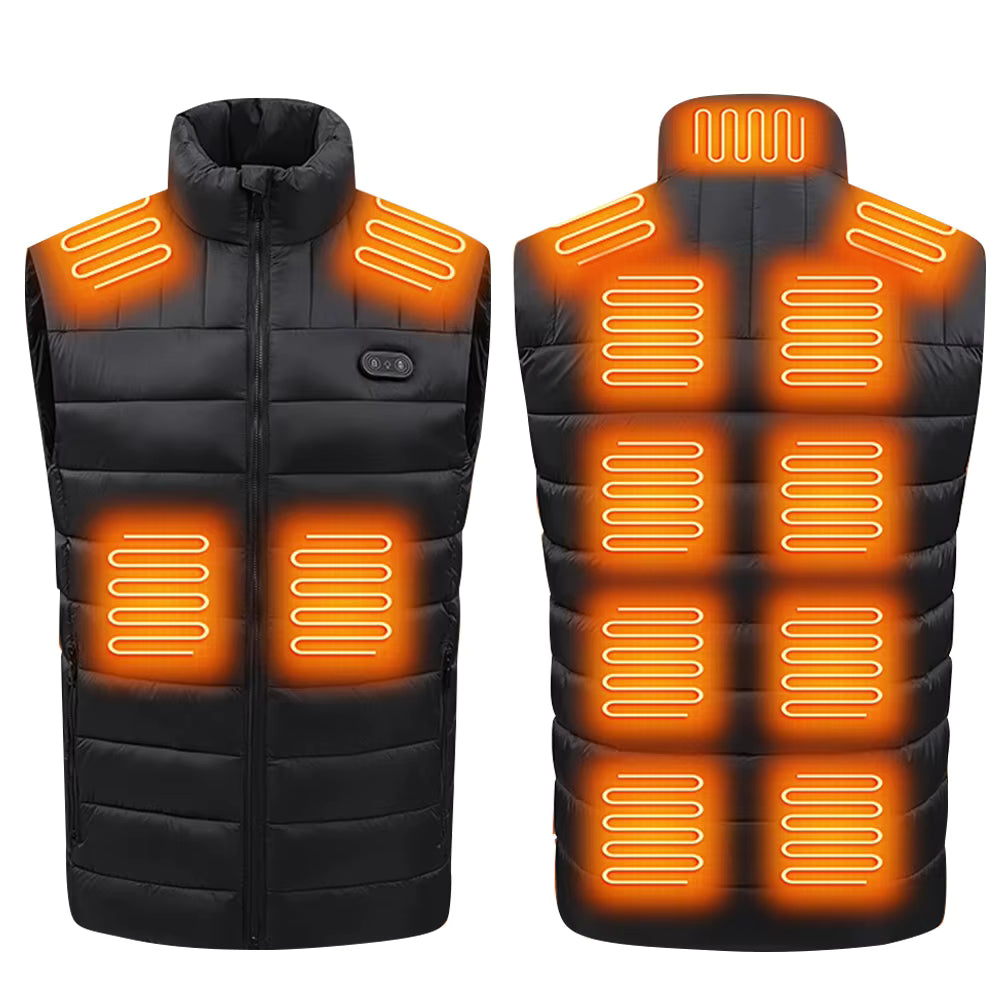Black Unisex Zipper Heated Vest with 15 Carbon Fiber Heating Pads Electric Warming  Washable Sleeveless Stand Collar Thermal Waistcoat for Men Women