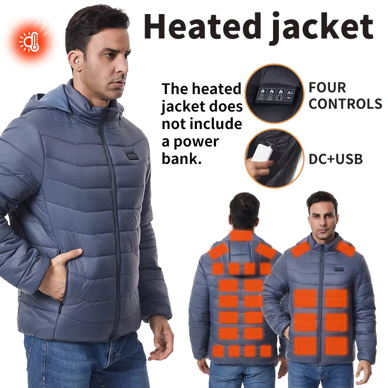 Long Sleeve Heated Hooded Jacket for Men Women, Winter Warm USB Charging Electric Body Warmer Heated Coats with Independent Control of 4 Zones 27 Heating Pads 3 Temperature Levels