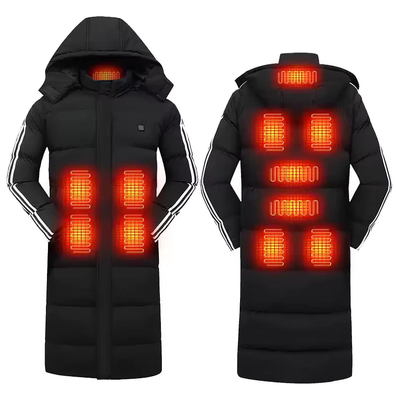 Electric Heated Long Hooded Coats for Women Men 11 Heating Areas Front and Back 3-Level Temperature Control USB Rechargeable Heating Jacket