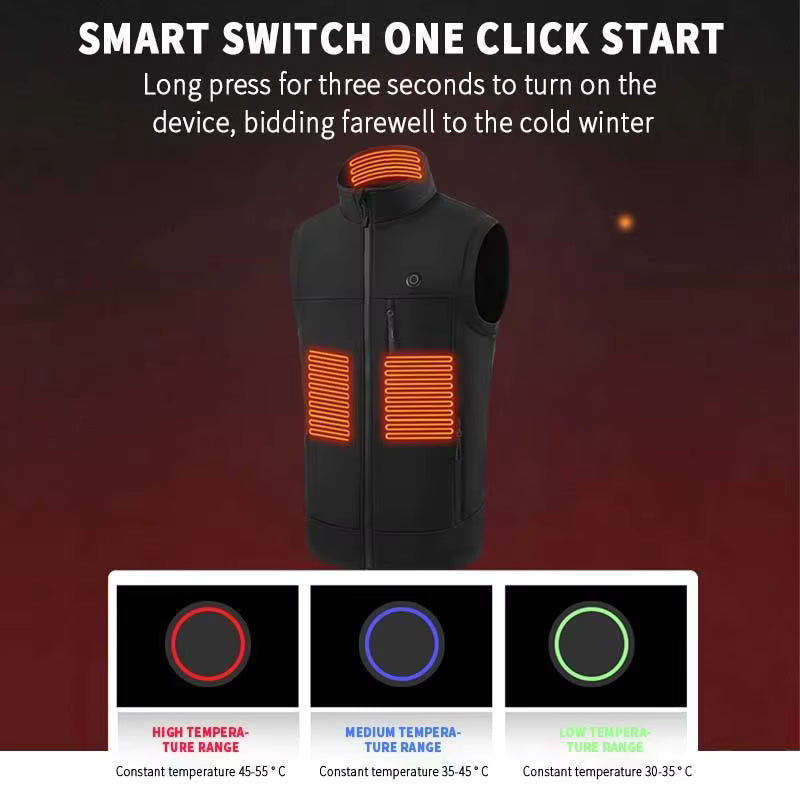 Men's Plain Heated Quilted Vest, 9 Heating Zones Sleeveless Zip Stand-Up Collar Winter Gilet Warm Electric Heat Waistcoat for Running, Hiking, Riding, Golf