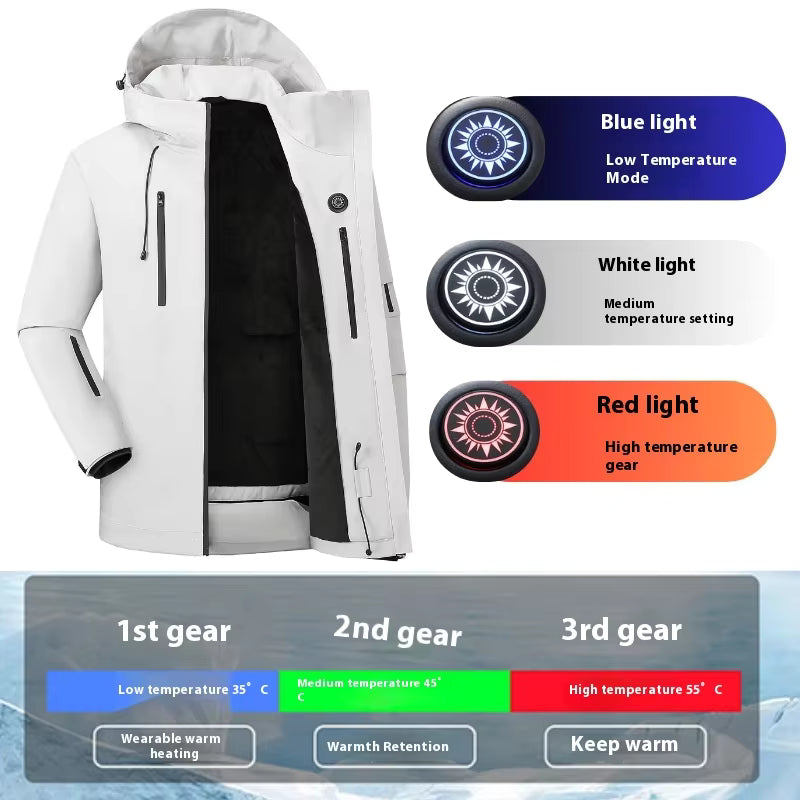 Electric Heated Hooded Ski Jacket for Men Women, 5 Heat Generation USB Powered Windbreaker Mountain Parka Heating Wear