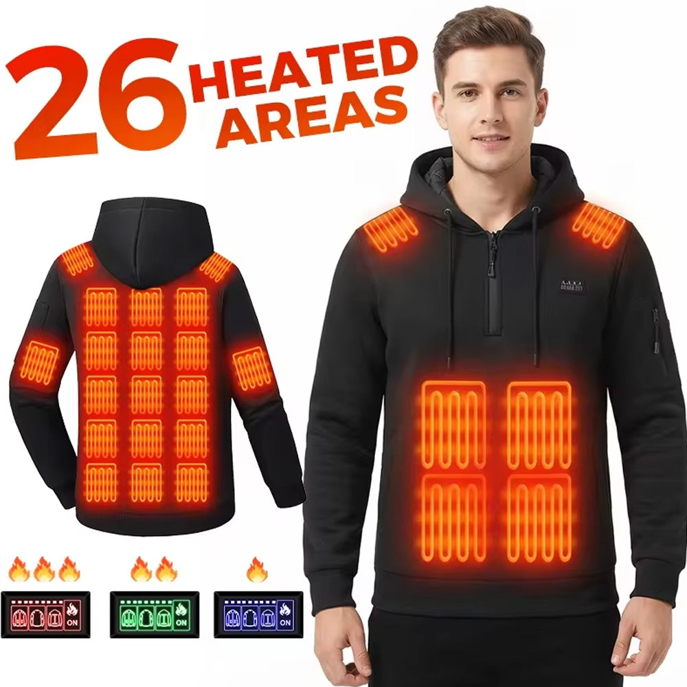 Black Electric Heated Pullover Hoodie for Men Women, 26 Zones 4 Gear Temperature Control Winter Zip Up Pocket Long Sleeve Thermal Sweatshirt for Outdoor Skiing Hiking