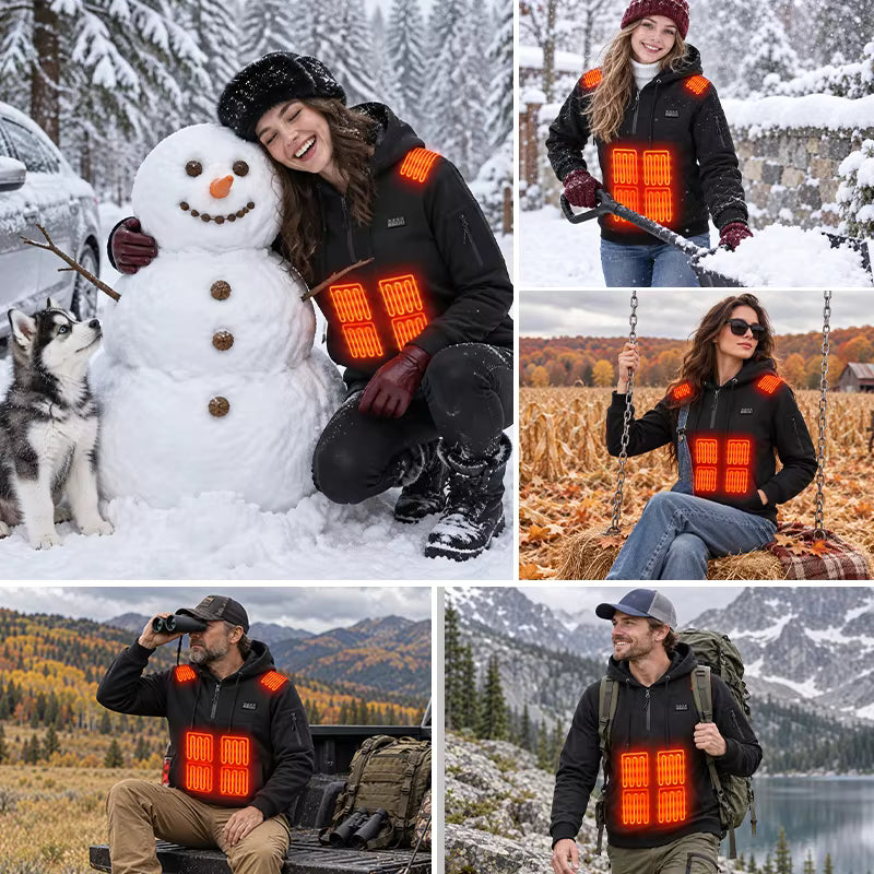 Black Electric Heated Pullover Hoodie for Men Women, 26 Zones 4 Gear Temperature Control Winter Zip Up Pocket Long Sleeve Thermal Sweatshirt for Outdoor Skiing Hiking