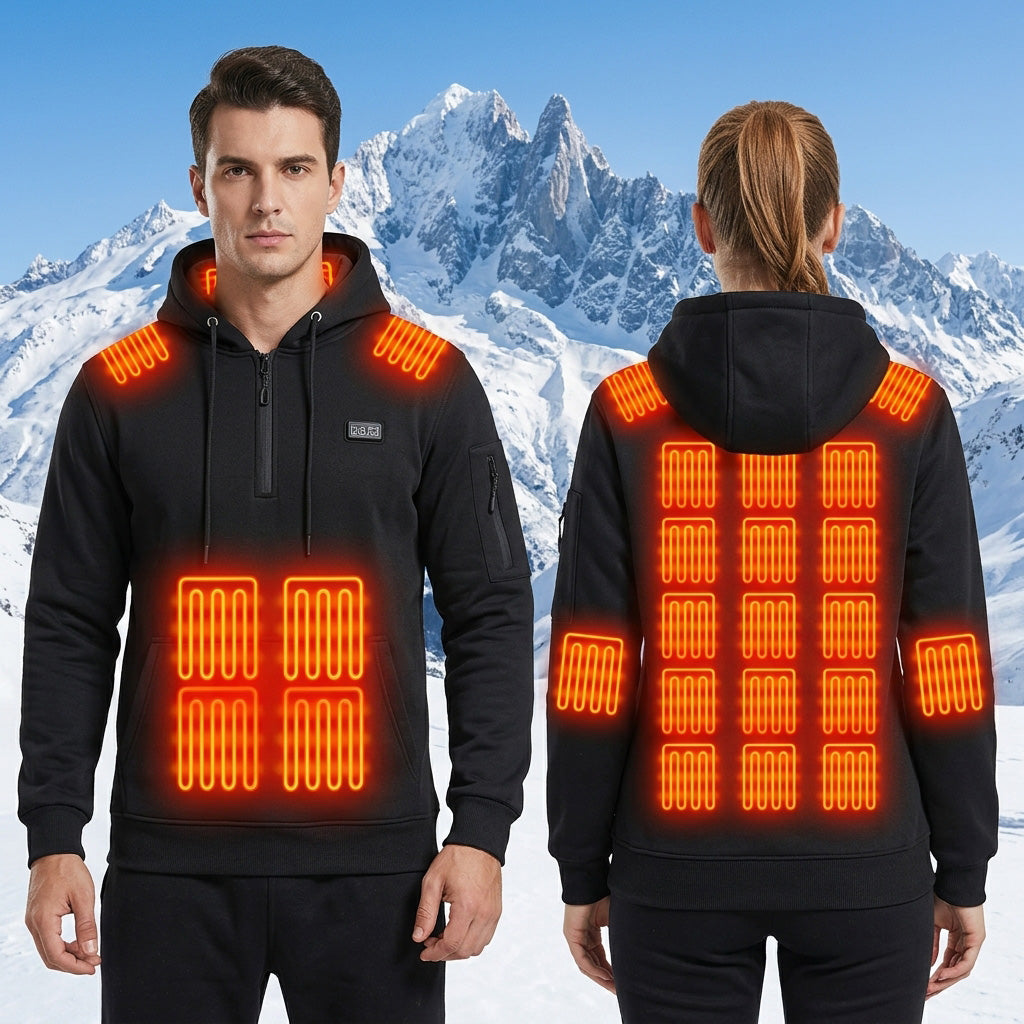 Black Electric Heated Pullover Hoodie for Men Women, 26 Zones 4 Gear Temperature Control Winter Zip Up Pocket Long Sleeve Thermal Sweatshirt for Outdoor Skiing Hiking