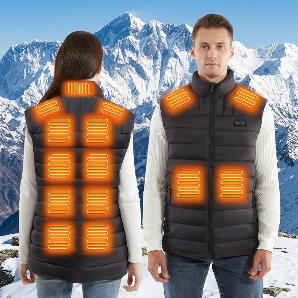 Black Unisex Zipper Heated Vest with 15 Carbon Fiber Heating Pads Electric Warming  Washable Sleeveless Stand Collar Thermal Waistcoat for Men Women
