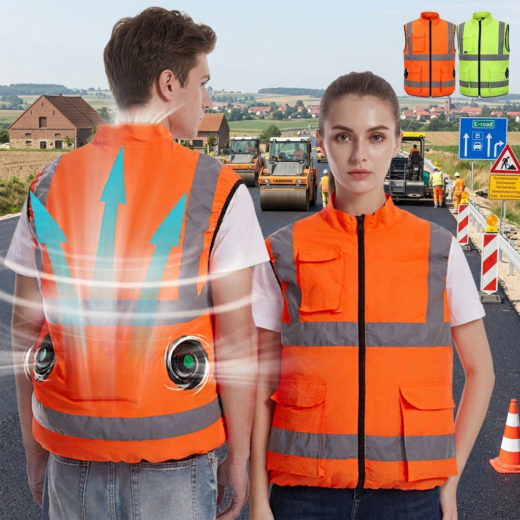 Reflective Sleeveless Cooling Vest High Visibility Stripe Zip Up Stand Workwear with Multi Pockets