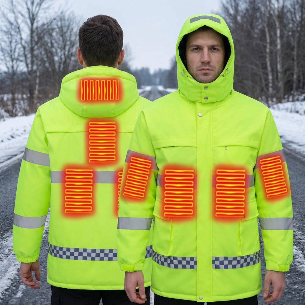Hi Vis Heated Hooded Jacket for Men Women, 8 Heating Zones 3 Temperature Levels High Visibility Heated Workwear Waterproof Windproof Reflective Outerwear Safety Security Work Coat